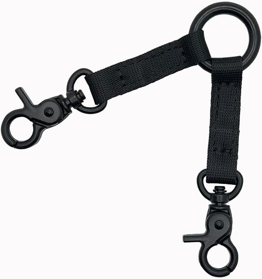 Della Stella double clip dog leash coupler front view showing two-way nylon straps and central metal ring.