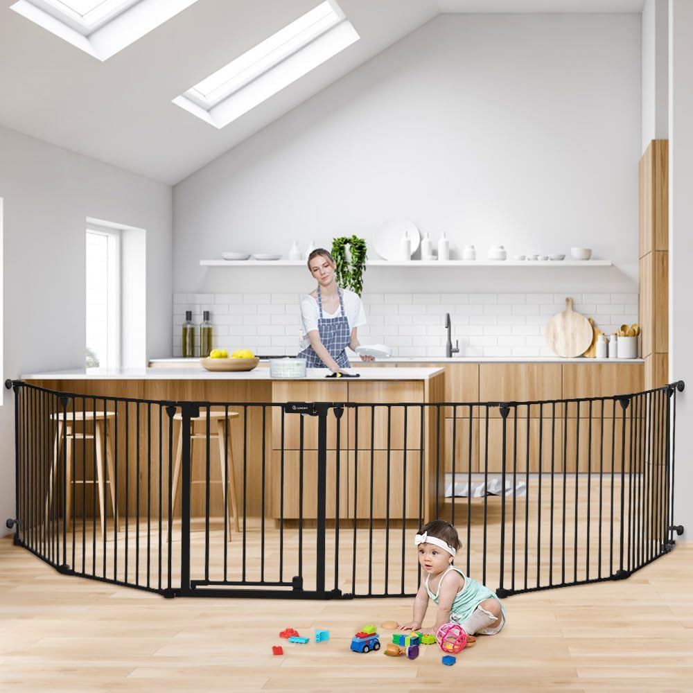 COMOMY extra wide baby gate front view showcasing the black metal panels and walk through door setup across a wide room opening.