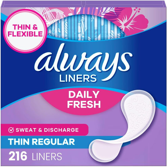 Always Daily Fresh Thin Panty Liners 216 count box front view for everyday freshness