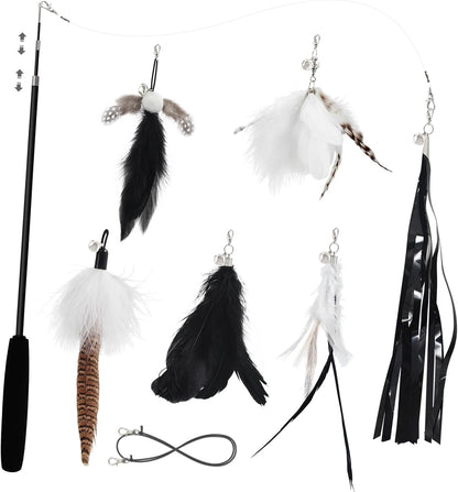 SONGWAY Cat Wand Toys for Indoor Cats - Cat Toy Set with Retractable Teaser Wand and 6 PCS Fairy Feather Toy Refills, Butterfly Tassel Plush Cat Toys Interactive, Pink - Image 10