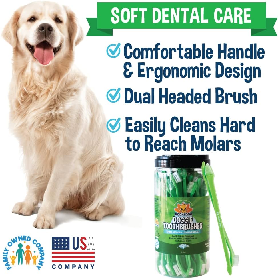 Angled view of the long handle dog and cat toothbrush for tartar cleaning.