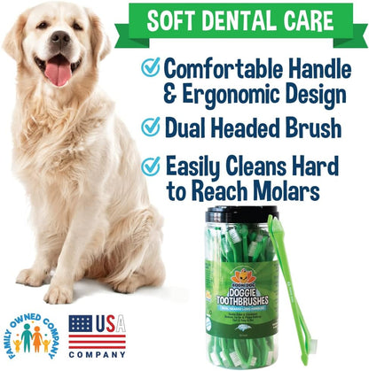 Angled view of the long handle dog and cat toothbrush for tartar cleaning.