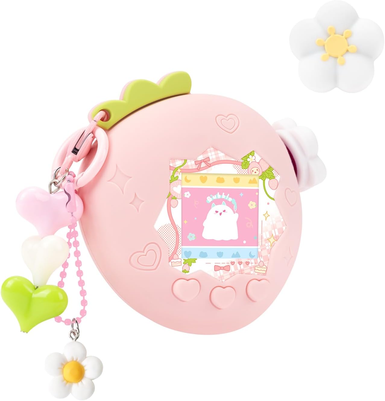 BUBBLELOGUS Strawberry Bubble Protective Case front view showcasing the pink silicone cover and holographic faceplate.