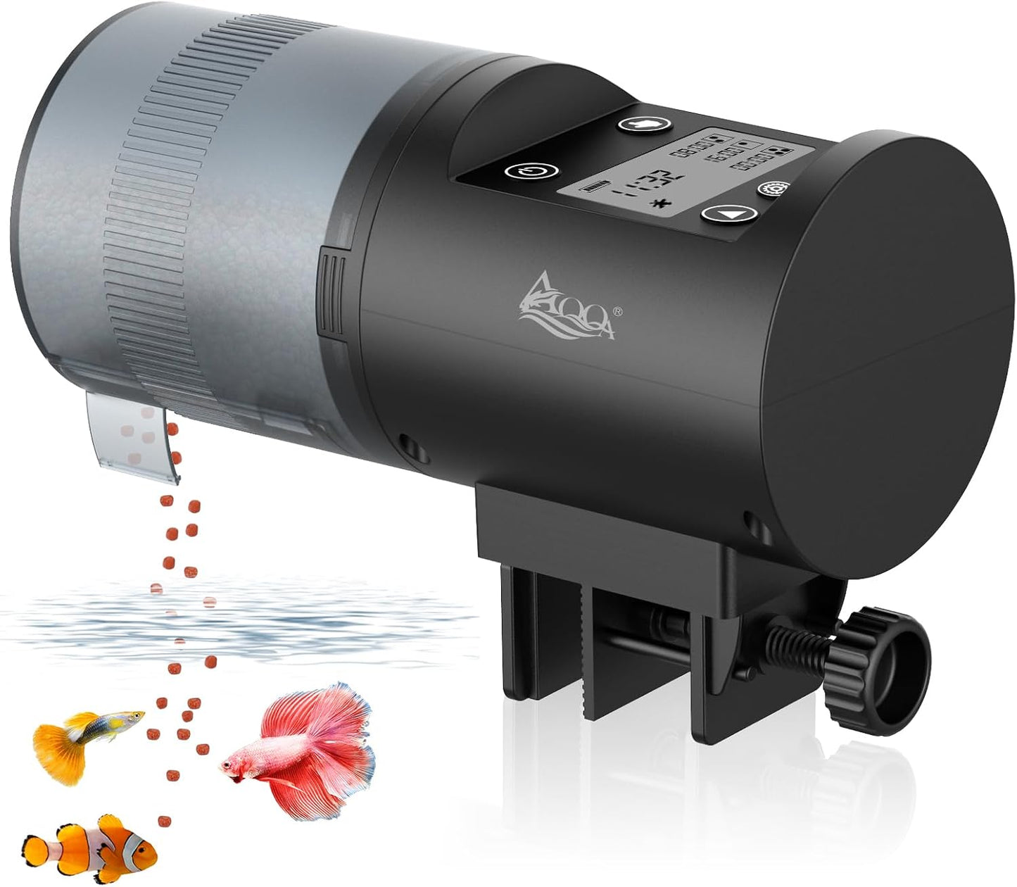 AQQA automatic fish feeder front view mounted on aquarium tank