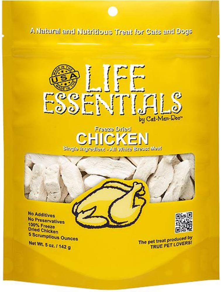 Life Essentials freeze dried chicken pet snack packaging showing high protein product details