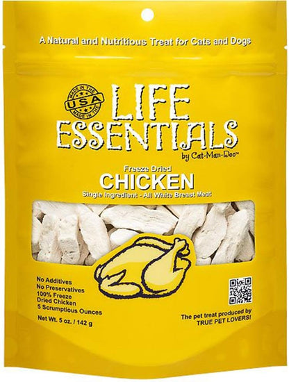 Life Essentials freeze dried chicken pet snack packaging showing high protein product details