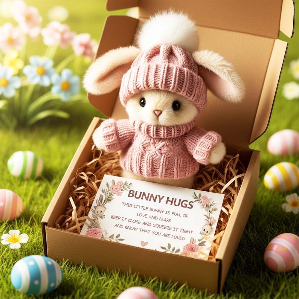 Hulezt handmade mini bunny hug front view of pink plush rabbit in gift box