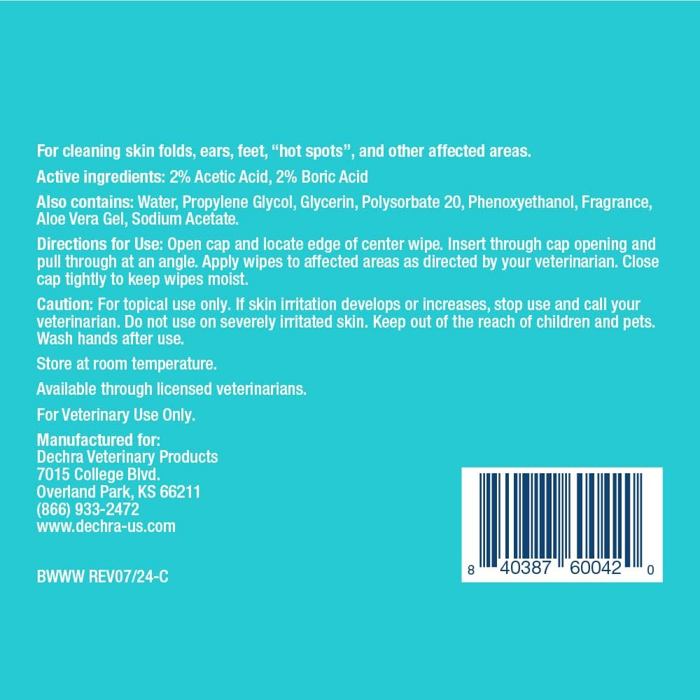 Dechra MalAcetic antiseptic wipes packaging highlighting active ingredients.