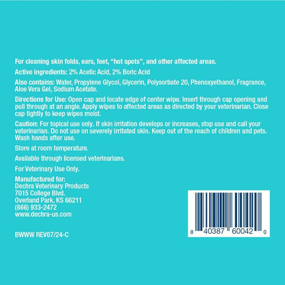 Dechra MalAcetic antiseptic wipes packaging highlighting active ingredients.