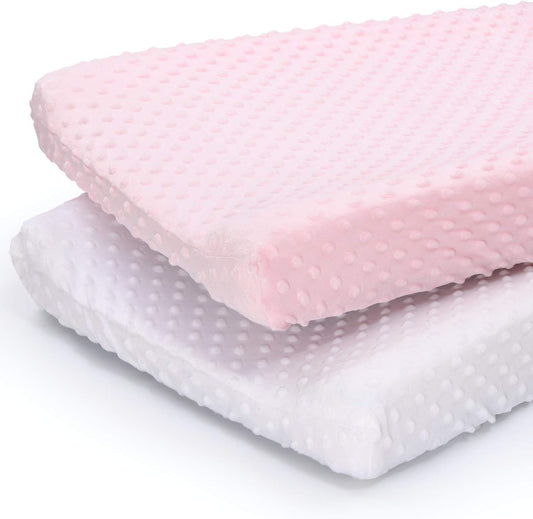 The Peanutshell baby girl changing pad covers 2 pack front view in pink and white minky dot fabric