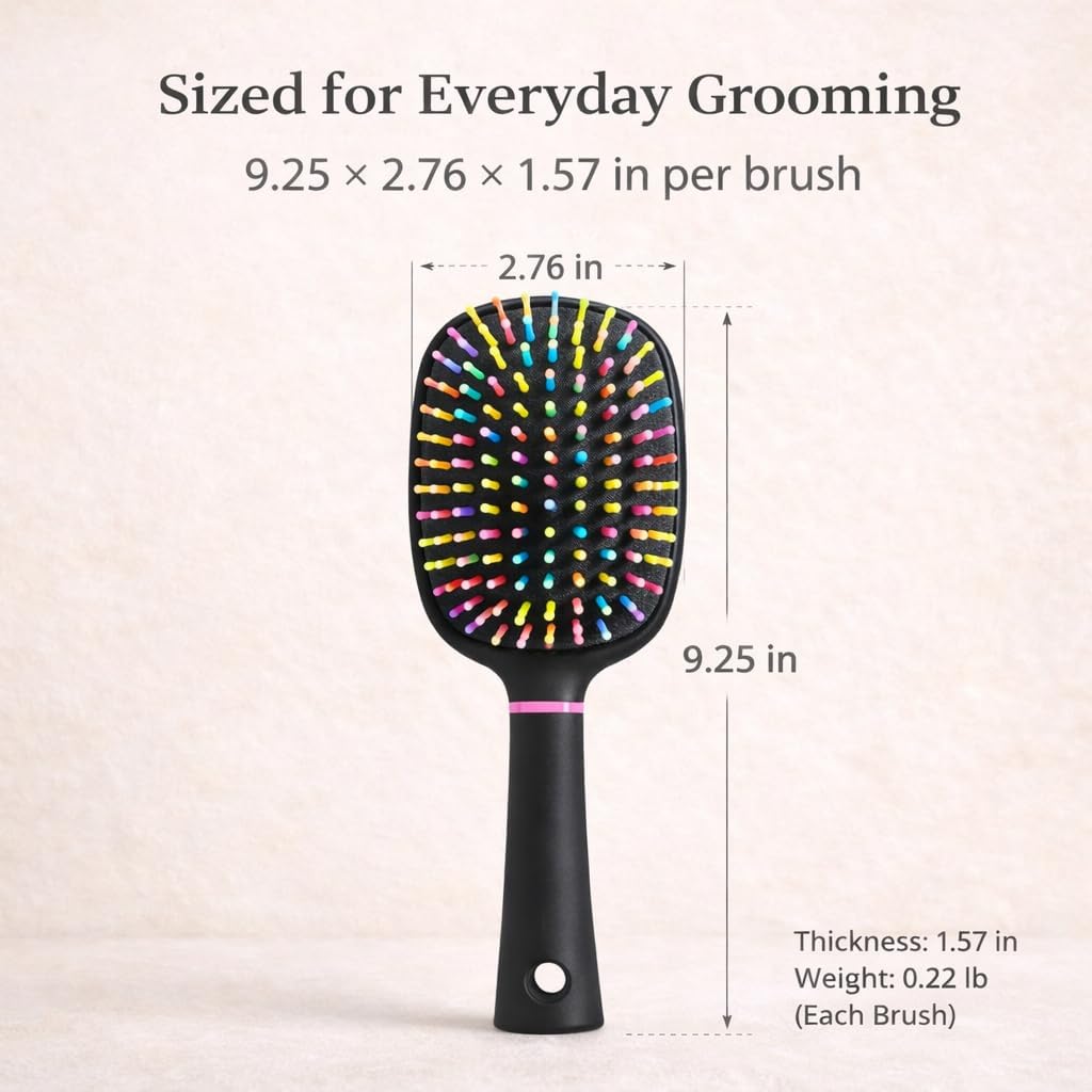 Adkoat rainbow paddle brush removing loose shedding fur from a long haired dog coat.