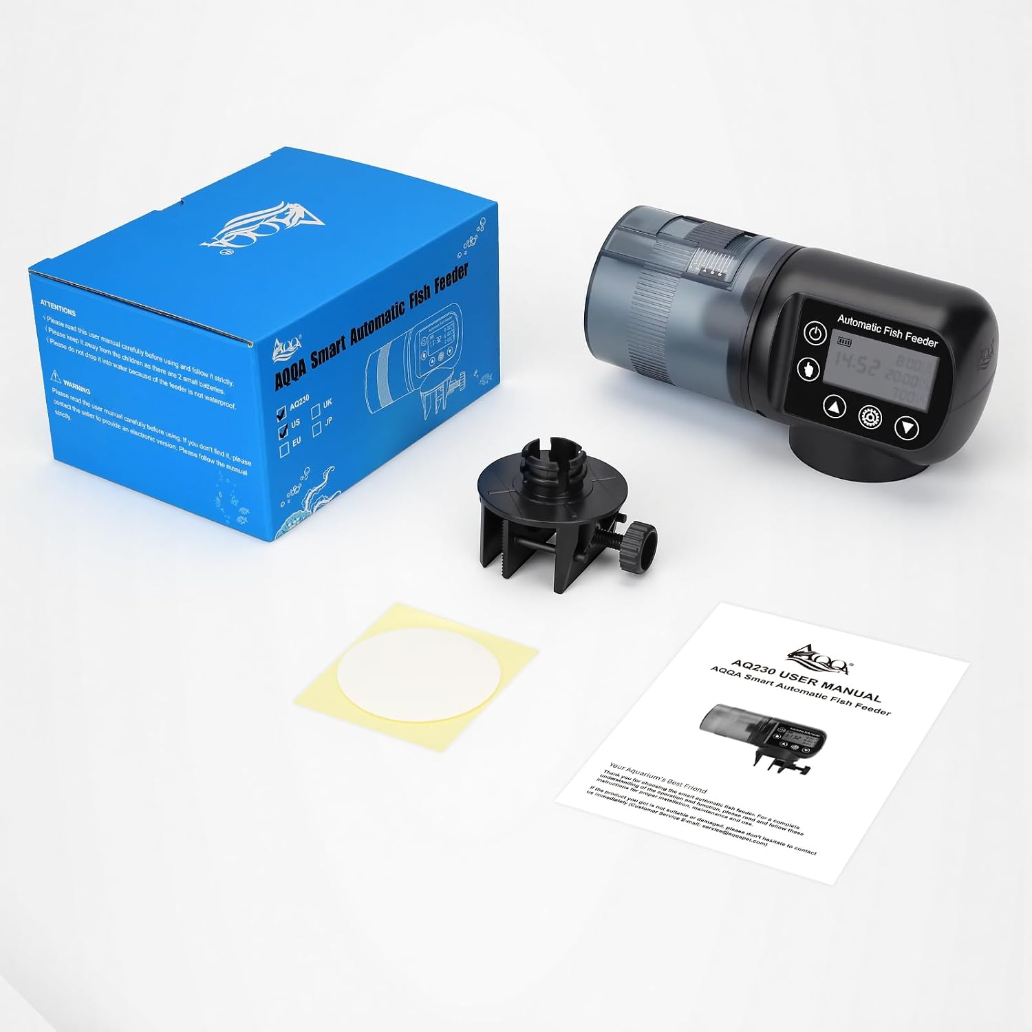 Compact moisture sealed electronic fish food dispenser packaged for secure setup.