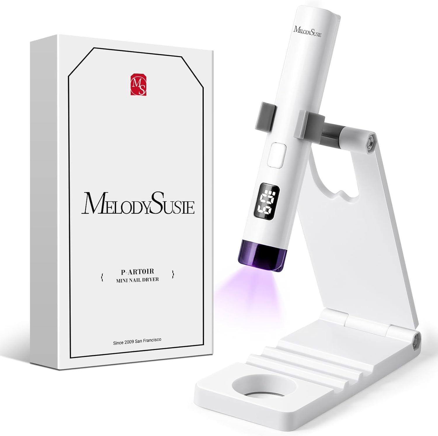 MelodySusie handheld UV light for gel nails with stand front view showing sleek white finish
