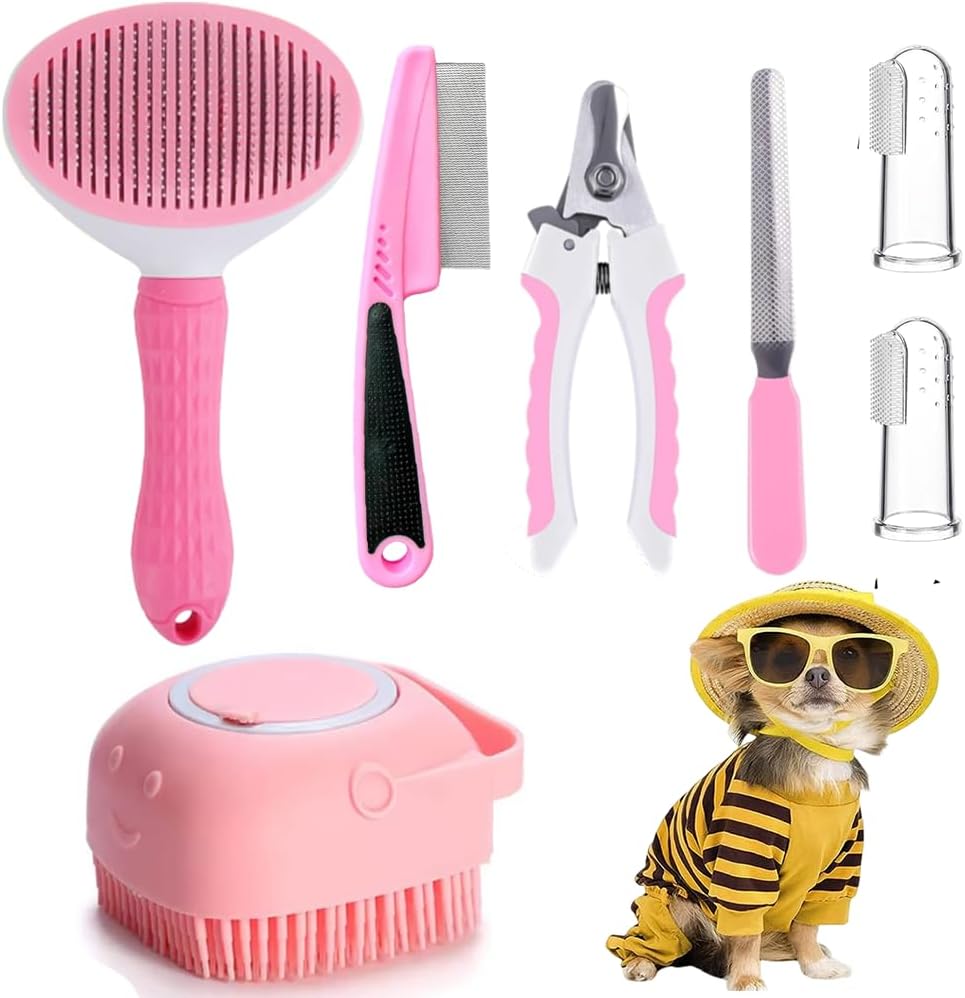 Qubccum seven piece pet grooming kit in pink showing the full set layout
