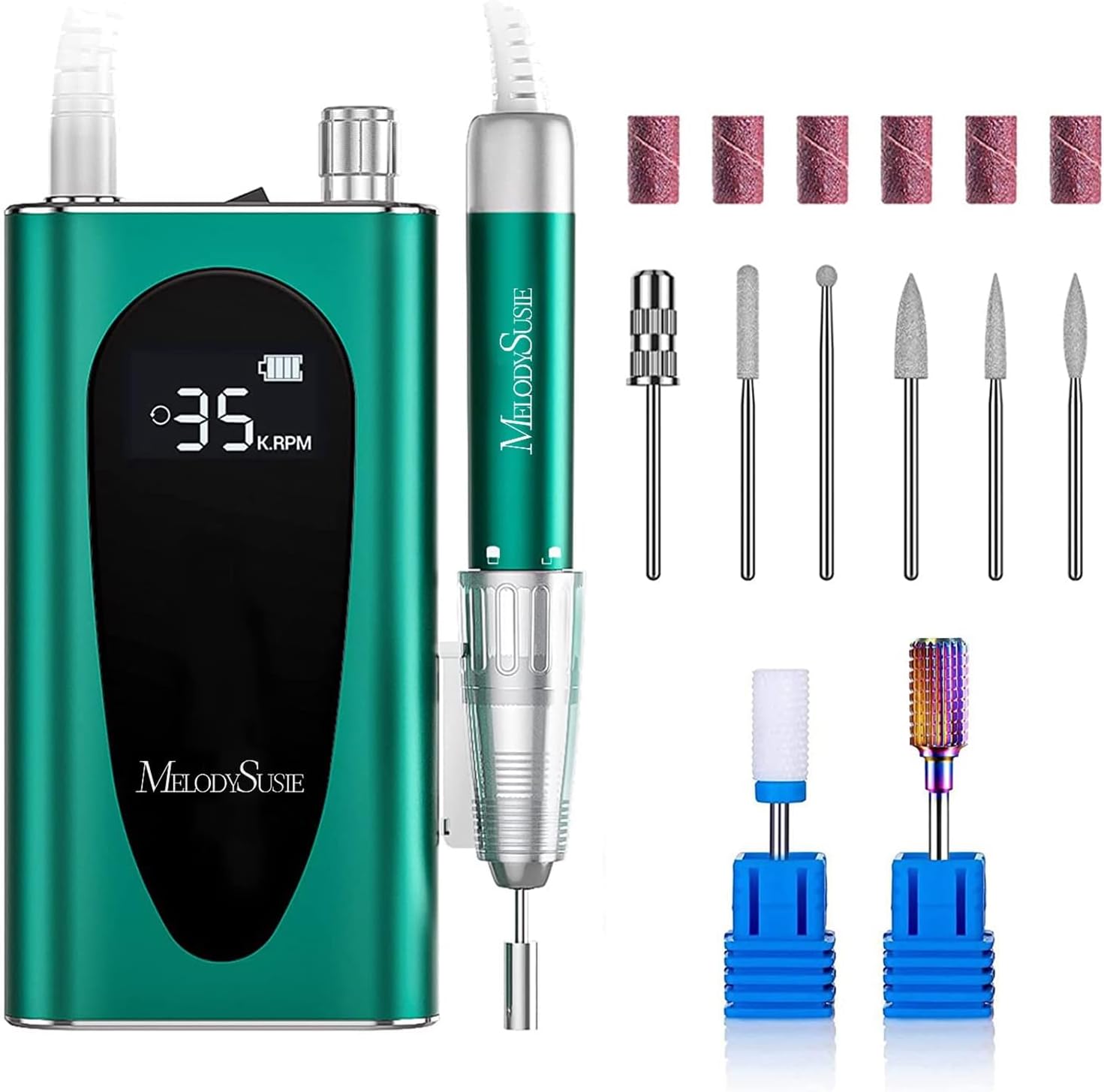 MelodySusie Professional Clip-On Nail Drill MM400C front view showcasing the green rechargeable control box and smart LCD display.