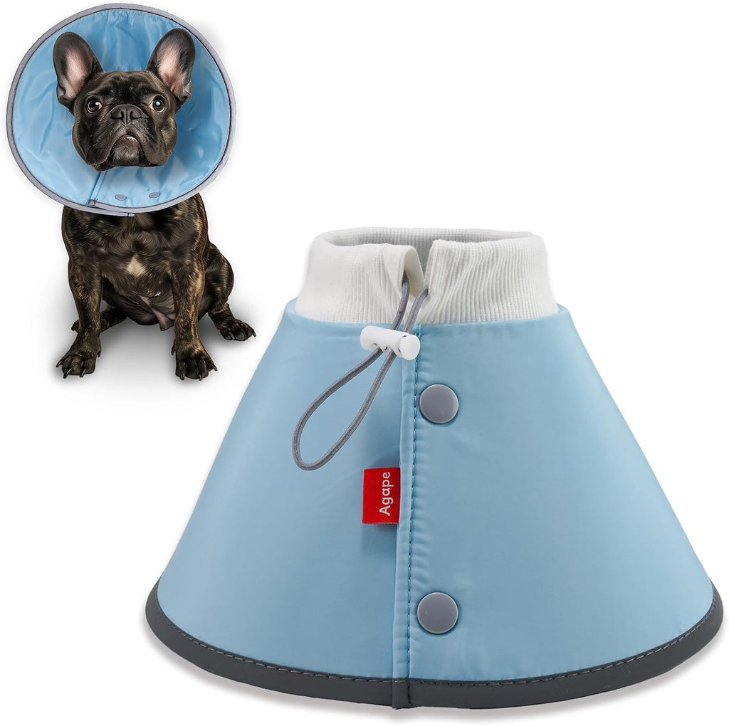 Agape fabric pet cone collar side view on small breed chihuahua