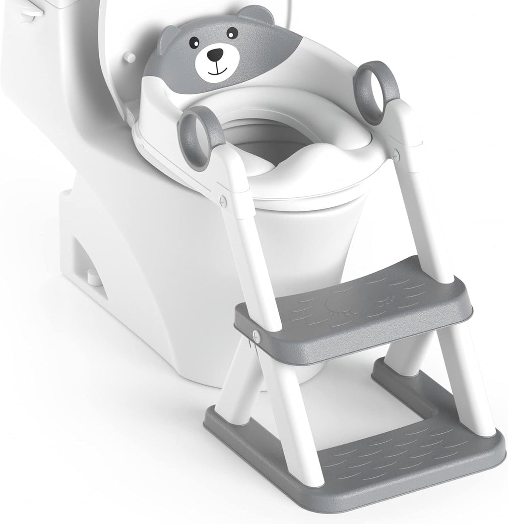 RABB 1ST Potty Training Seat front view showing the grey toddler toilet seat with step stool ladder.