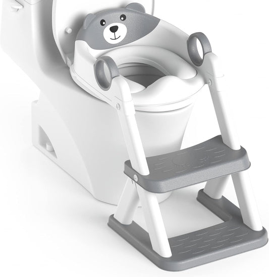 RABB 1ST Potty Training Seat front view showing the grey toddler toilet seat with step stool ladder.