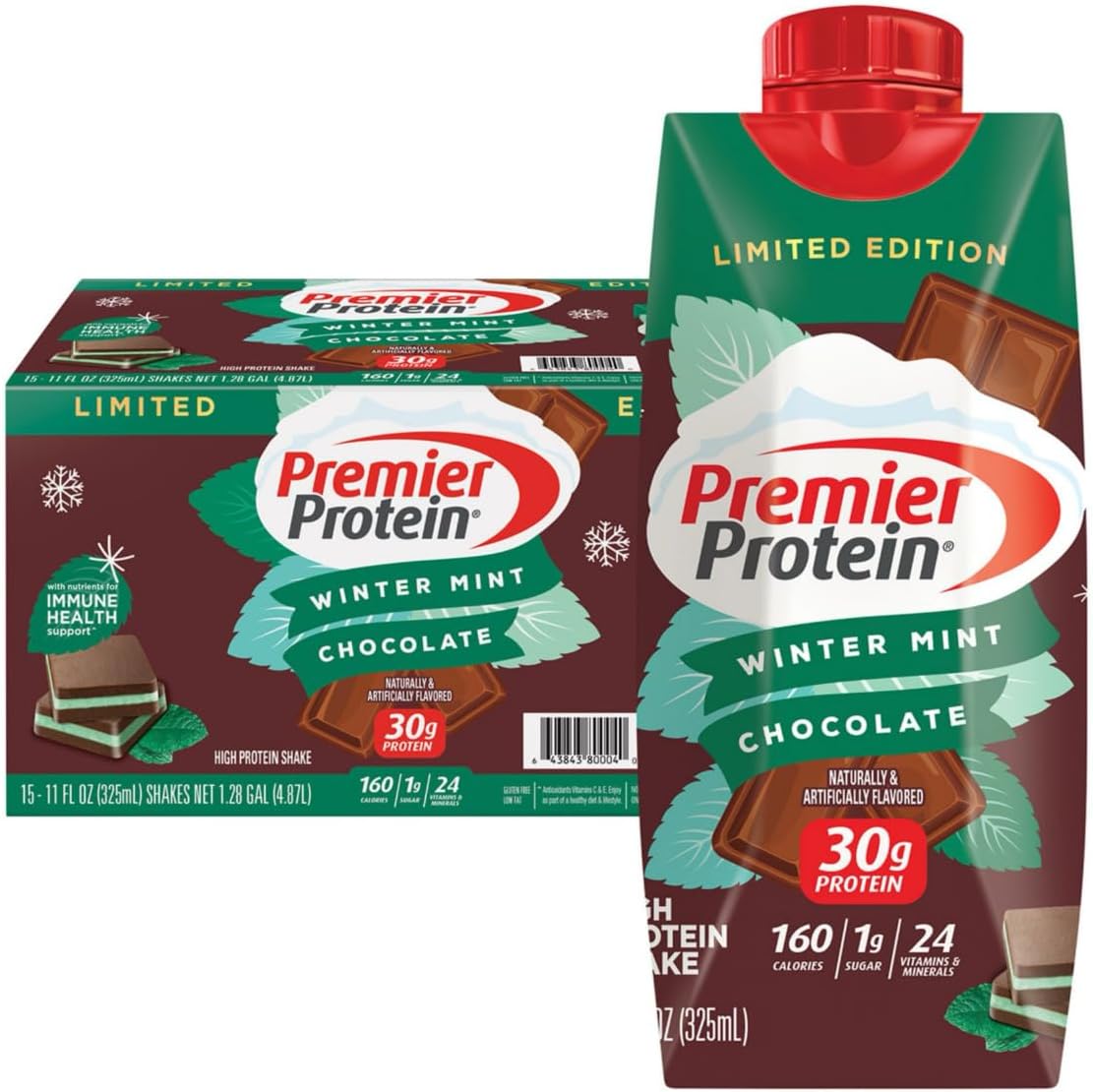 Premier Protein Winter Mint Chocolate Shake front view showing 30g protein label