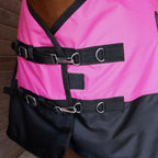 Rugged Ride mediumweight horse turnout sheet side profile displaying the deep lake and cool grey skirt design.