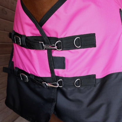Rugged Ride mediumweight horse turnout sheet side profile displaying the deep lake and cool grey skirt design.