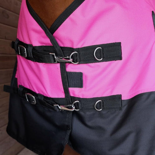 Rugged Ride mediumweight horse turnout sheet side profile displaying the deep lake and cool grey skirt design.