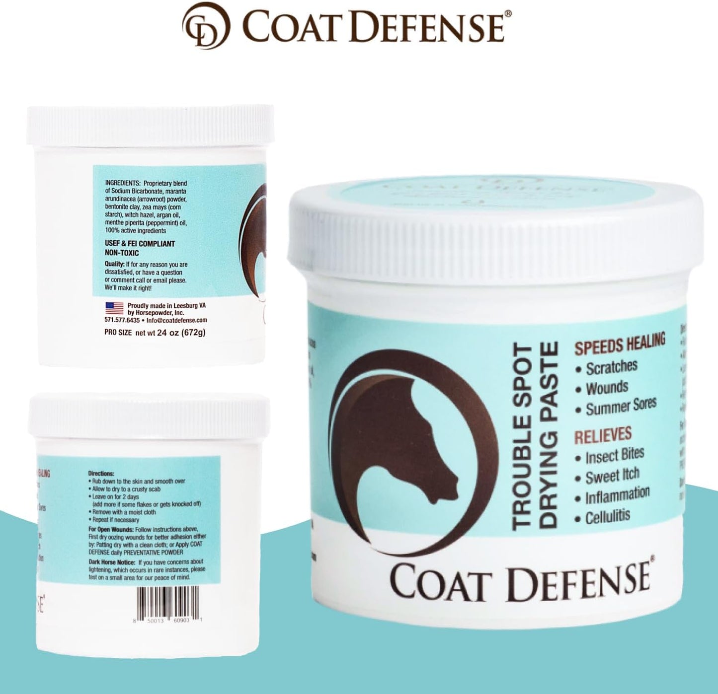 COAT DEFENSE packaging highlighting natural ingredients for horses