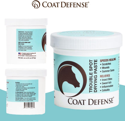 COAT DEFENSE packaging highlighting natural ingredients for horses