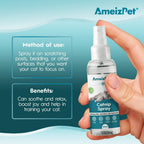 Transparent pet anxiety relief spray being applied to cat bedding
