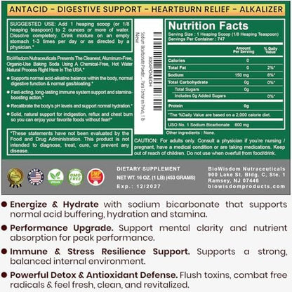 BioWisdom aluminum free baking soda organic pure powder packaging side view.
