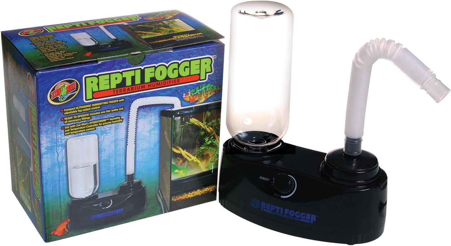 Zoo Med Repti Fogger terrarium humidifier front view showing the ultrasonic base unit and water bottle setup.