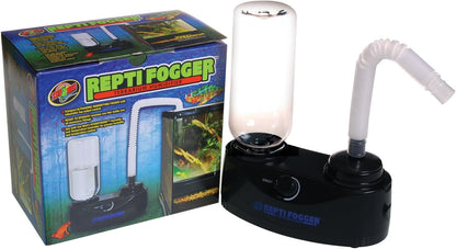 Zoo Med Repti Fogger terrarium humidifier front view showing the ultrasonic base unit and water bottle setup.