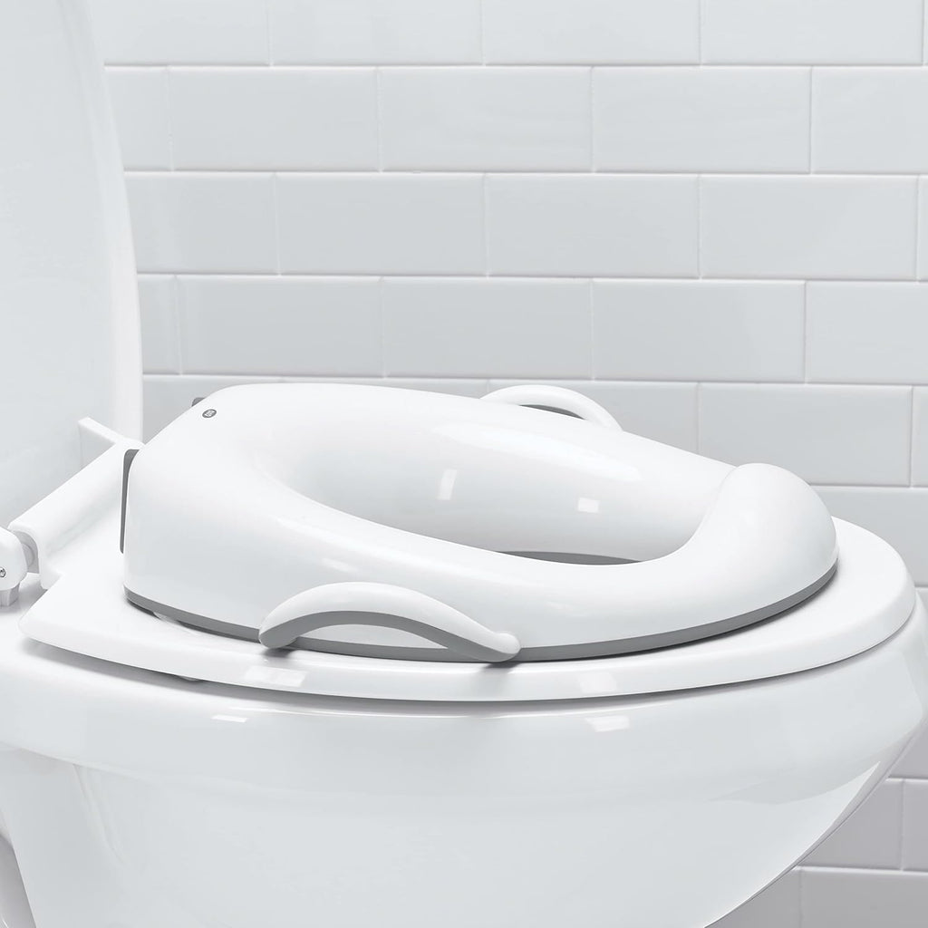 OXO Tot Sit Right Potty Seat Gray front view showing ergonomic high backrest and toddler handles