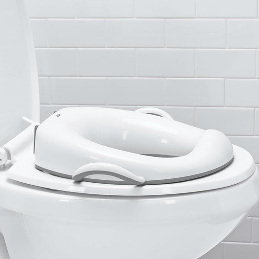 OXO Tot Sit Right Potty Seat Gray front view showing ergonomic high backrest and toddler handles