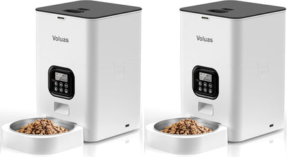 Side angle of Voluas timed cat feeder showing compact white design