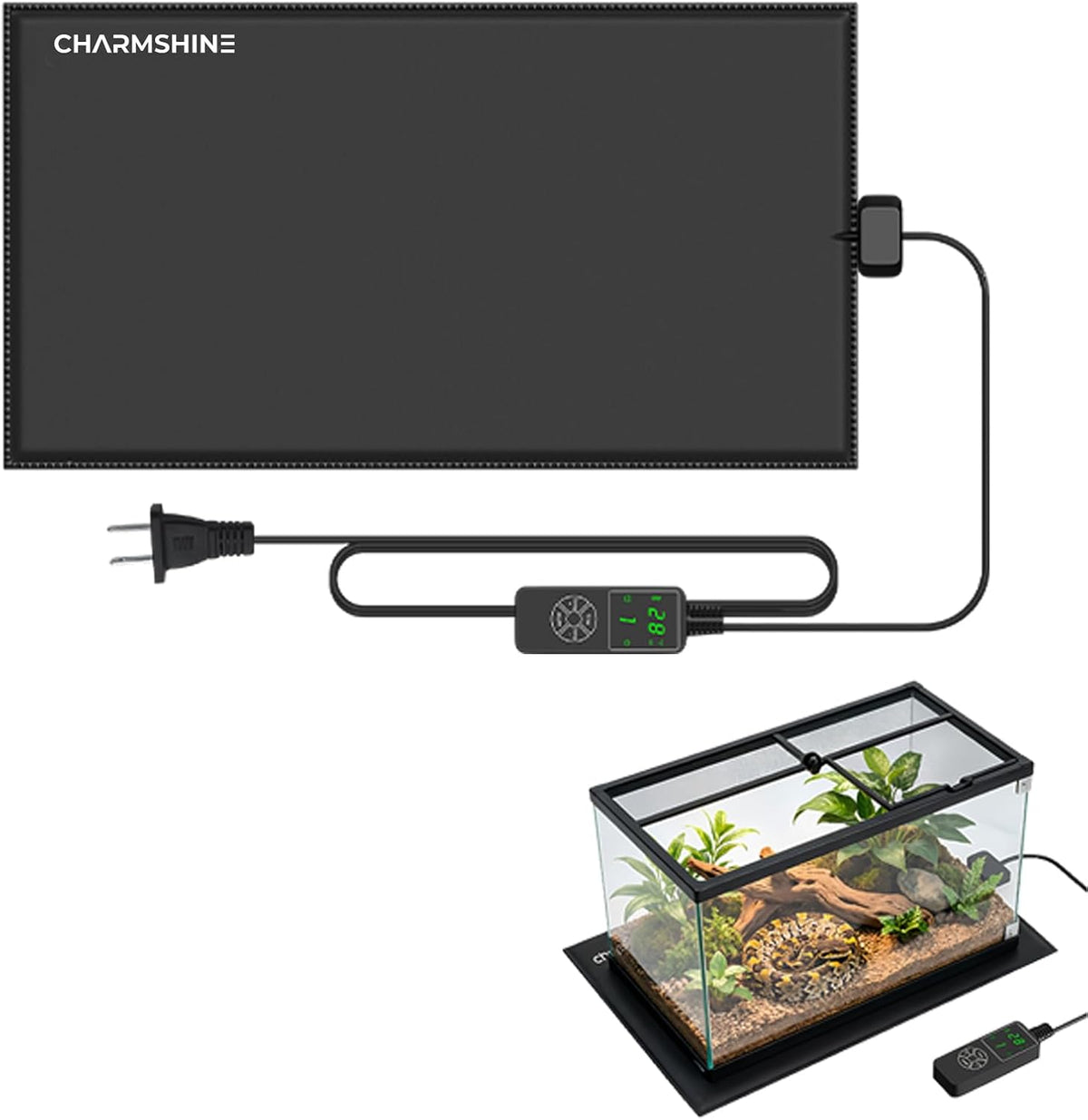 iPower reptile heating pad front view showing the graphene mat surface and digital display controller.