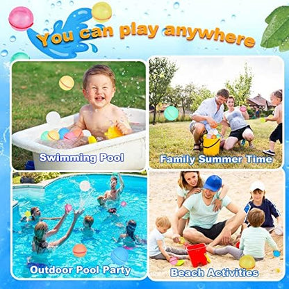 Side view of six individual 98K magnetic self sealing water balloons arranged by color