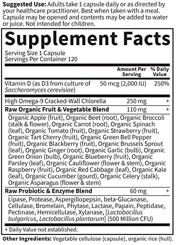 Vitamin D3 2000 IU whole food sourced capsules with fruits vegetables and chlorella blend