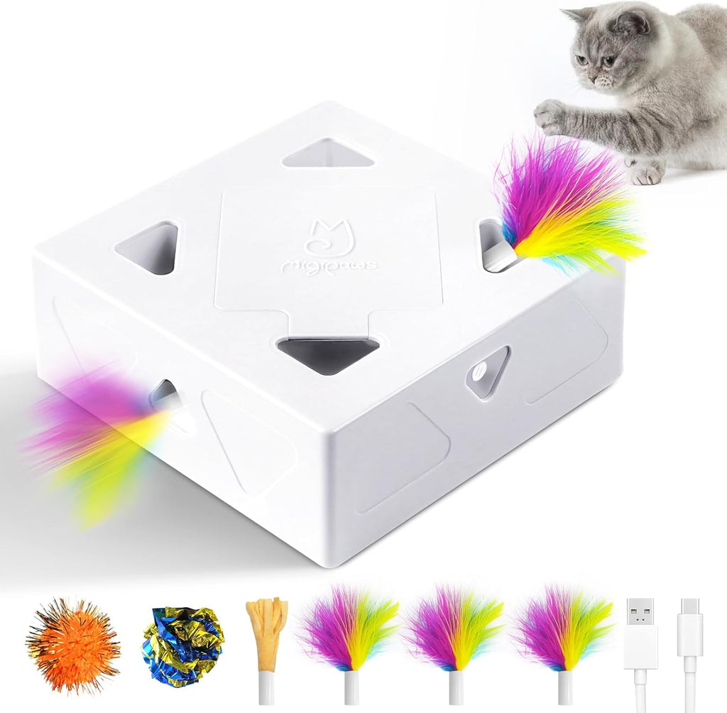 Migipaws Migibox interactive cat toy front view with automatic feather popping from a hole.