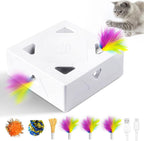 Migipaws Migibox interactive cat toy front view with automatic feather popping from a hole.
