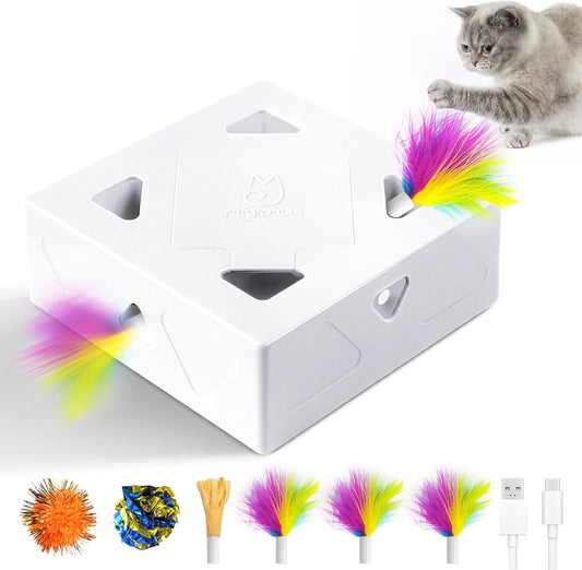 Migipaws Migibox interactive cat toy front view with automatic feather popping from a hole.