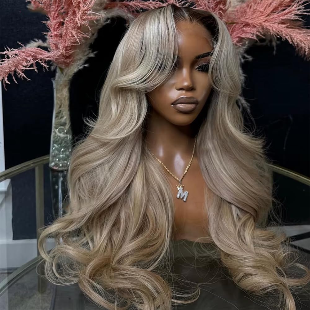 CIYOO ombre brown roots ash blonde human hair wig front view showcasing 26 inch body waves