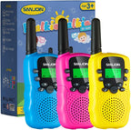 Sanjoin kids rechargeable walkie talkies front view showing blue pink and yellow units.