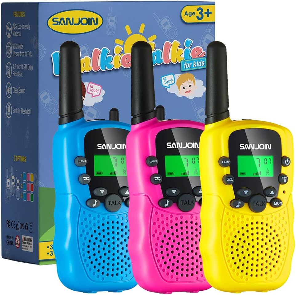 Sanjoin kids rechargeable walkie talkies front view showing blue pink and yellow units.