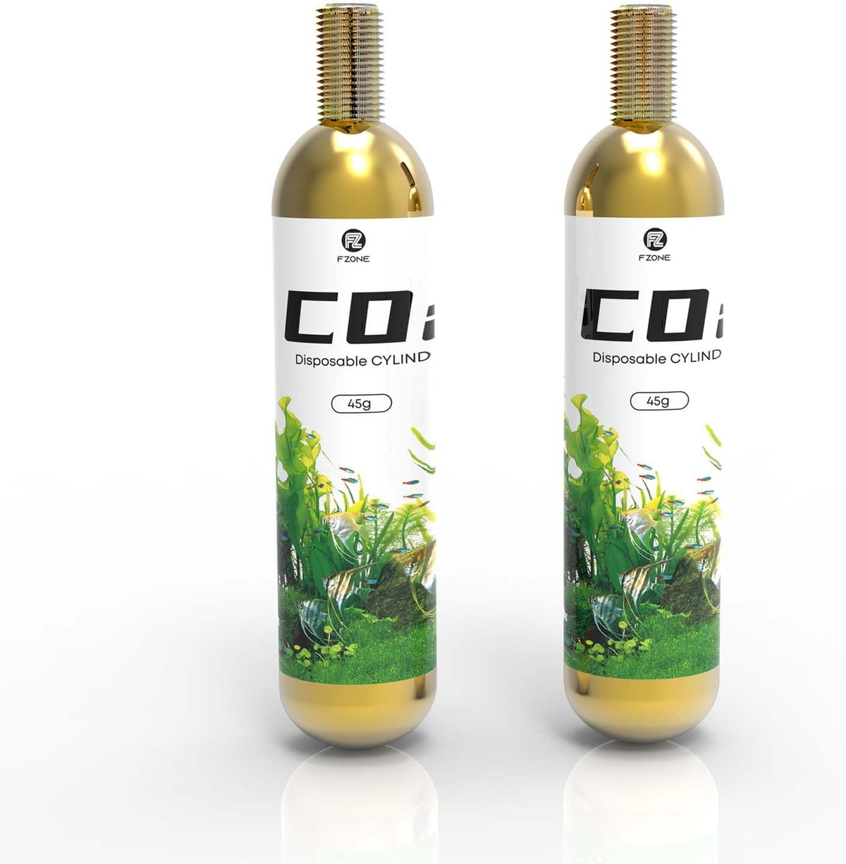 Fzone Studio 45g disposable CO2 cartridges 2 pack front view showing threaded connections.
