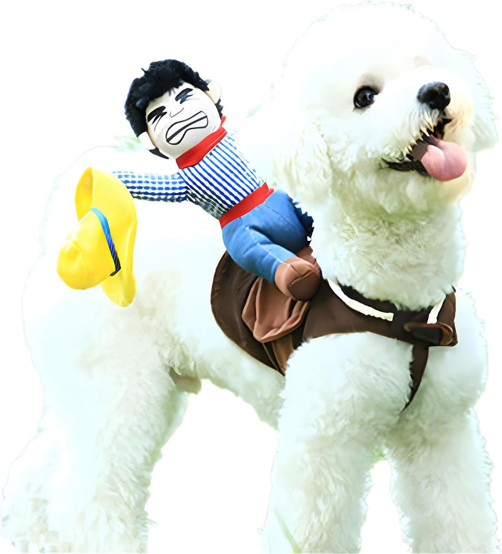 DELIFUR dog cowboy outfit side view with stuffed rider doll