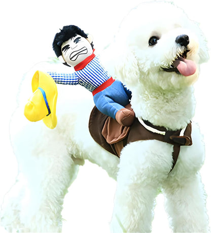 DELIFUR dog cowboy outfit side view with stuffed rider doll