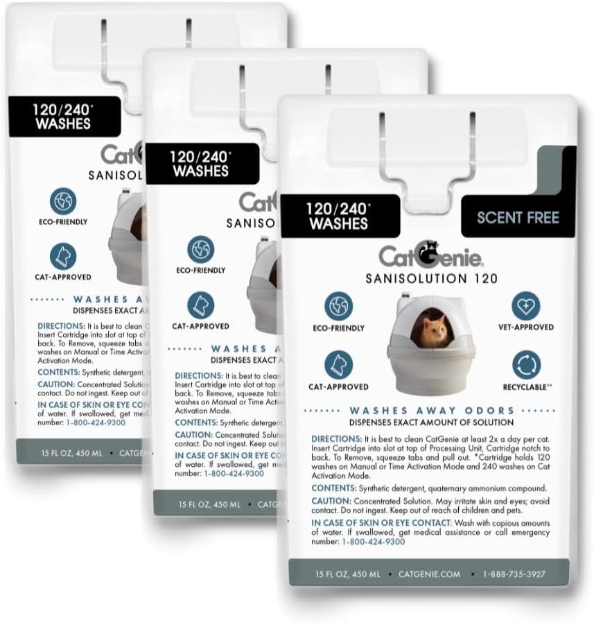 Three pack CatGenie SaniSolution refills arranged together