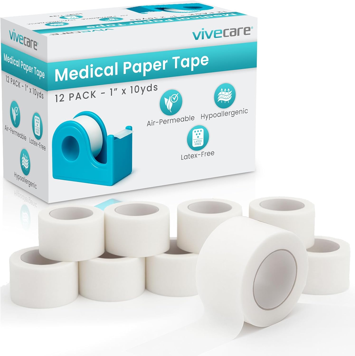 Vive Care Medical Paper Tape front view of blue dispenser roll for secure surgical wound care.