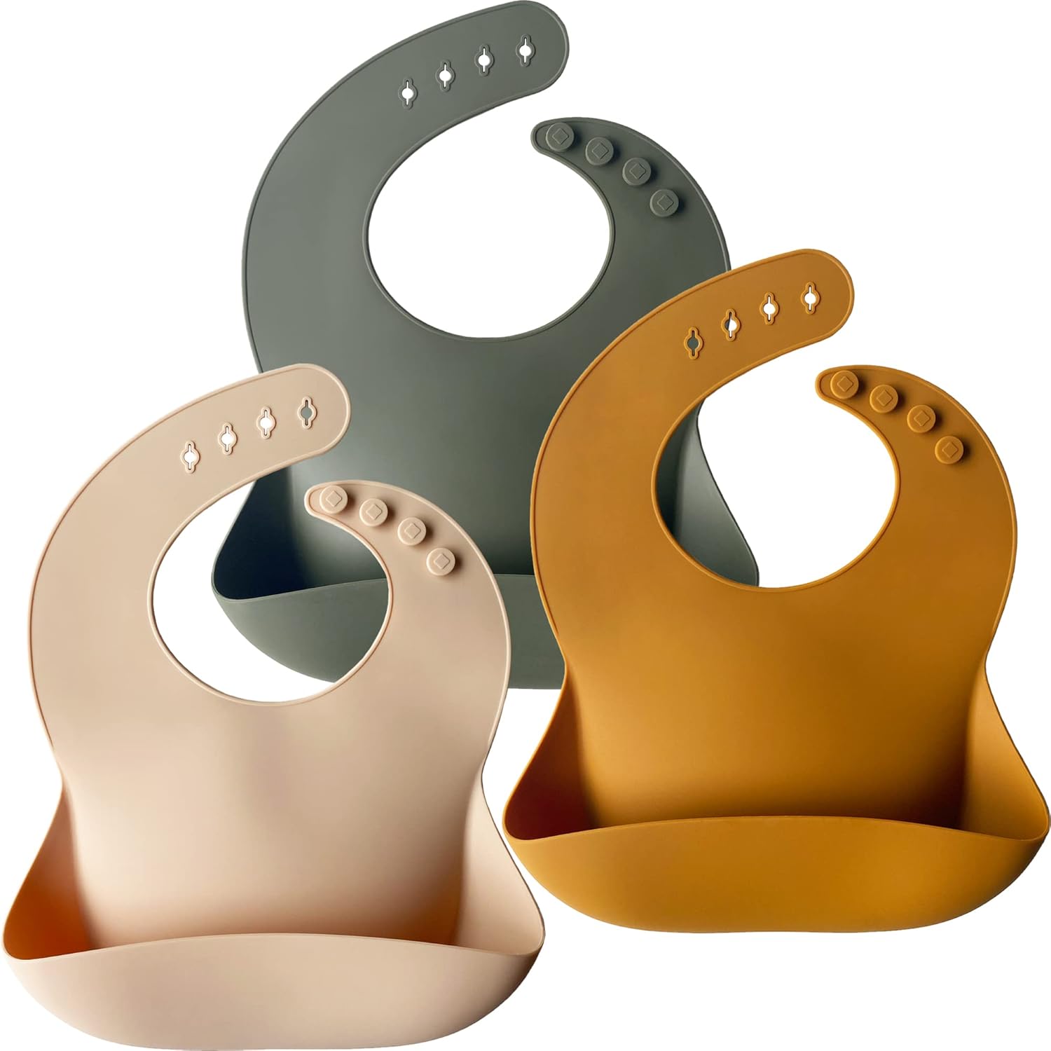 Moonkie Silicone Baby Bibs three pack front view showing cream buck and olive green colors
